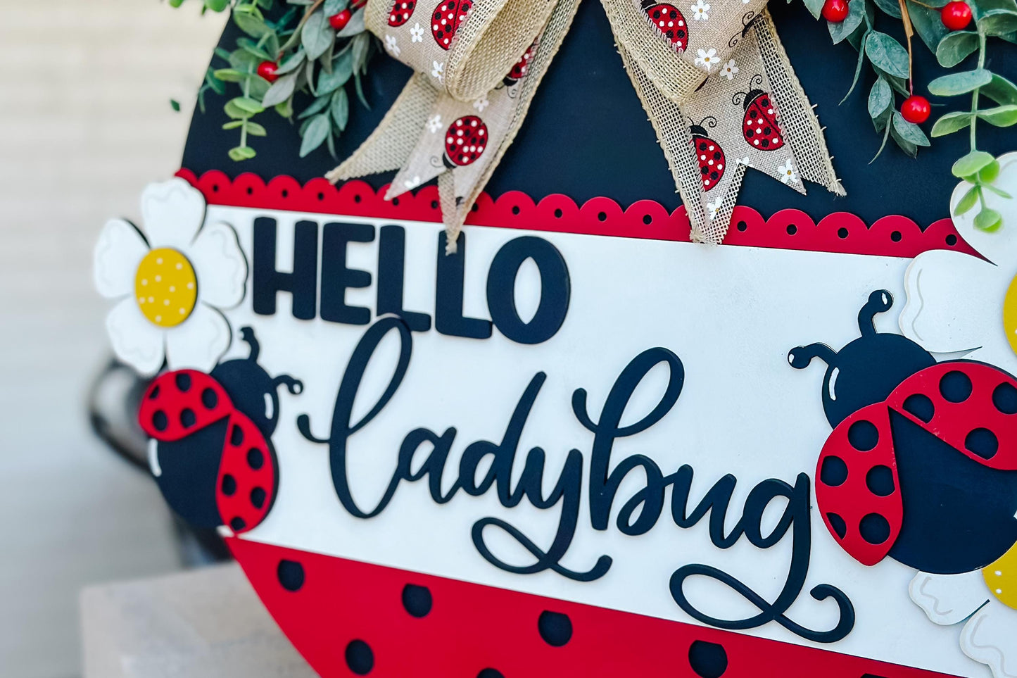 Hello Ladybug SVG, Ladybug Door Hanger Laser File, Spring Porch Decor, Layered Ladybug Sign Design, Glowforge Template, DIY Bug Decor