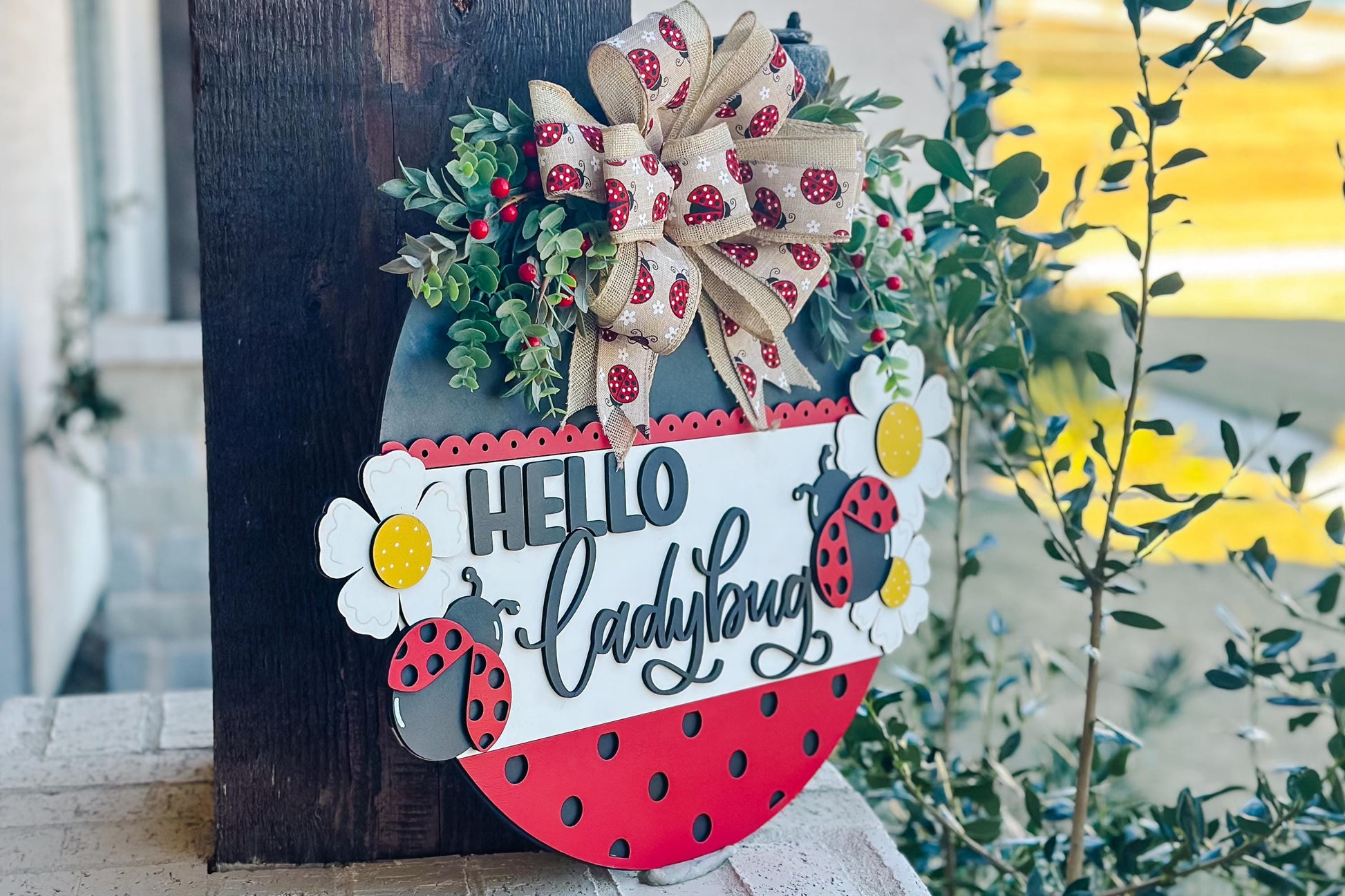 Hello Ladybug SVG, Ladybug Door Hanger Laser File, Spring Porch Decor, Layered Ladybug Sign Design, Glowforge Template, DIY Bug Decor