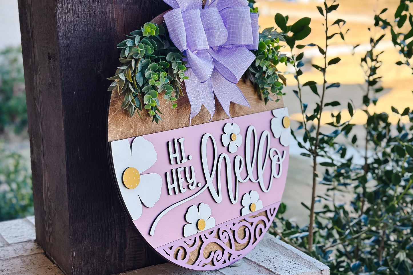 Hi Hey Hello Door Hanger SVG, Floral Laser Cut File, Spring Round Sign Design, Glowforge SVG, Xtool, Farmhouse Home Decor