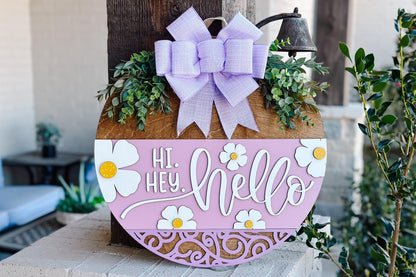 Hi Hey Hello Door Hanger SVG, Floral Laser Cut File, Spring Round Sign Design, Glowforge SVG, Xtool, Farmhouse Home Decor