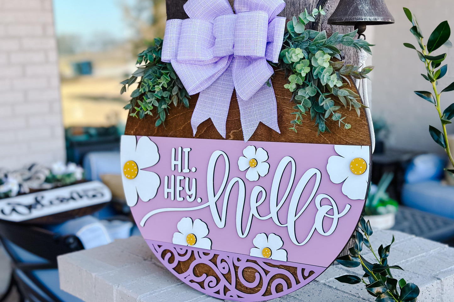 Hi Hey Hello Door Hanger SVG, Floral Laser Cut File, Spring Round Sign Design, Glowforge SVG, Xtool, Farmhouse Home Decor