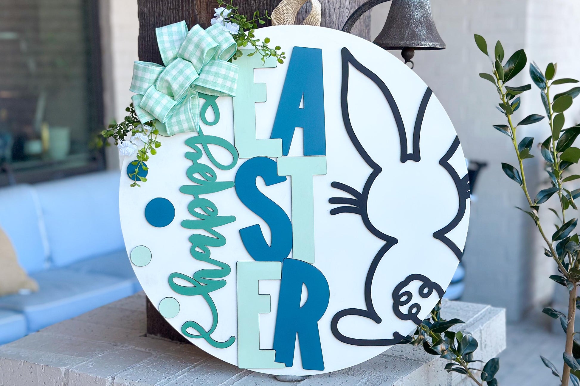 Easter Door Hanger SVG, Bunny and Lettered Laser Cut File, Round Sign Design, Glowforge SVG, Xtool, Farmhouse Spring Decor
