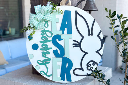 Easter Door Hanger SVG, Bunny and Lettered Laser Cut File, Round Sign Design, Glowforge SVG, Xtool, Farmhouse Spring Decor