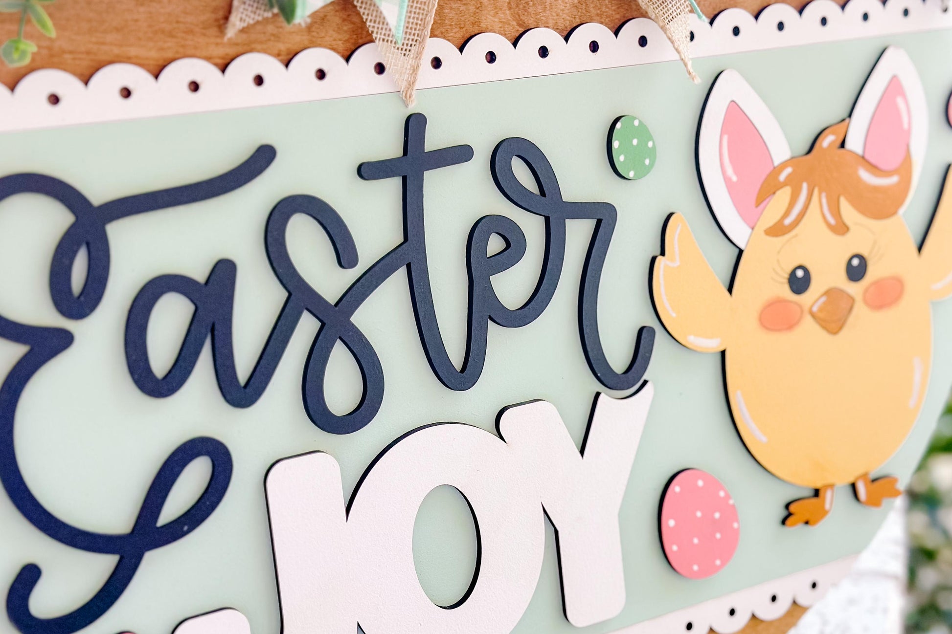 Easter Joy Door Hanger SVG, Bunny Chick Laser Cut File, Spring Round Sign Design, Glowforge SVG, Xtool, Farmhouse Easter Decor