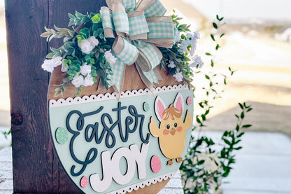 Easter Joy Door Hanger SVG, Bunny Chick Laser Cut File, Spring Round Sign Design, Glowforge SVG, Xtool, Farmhouse Easter Decor