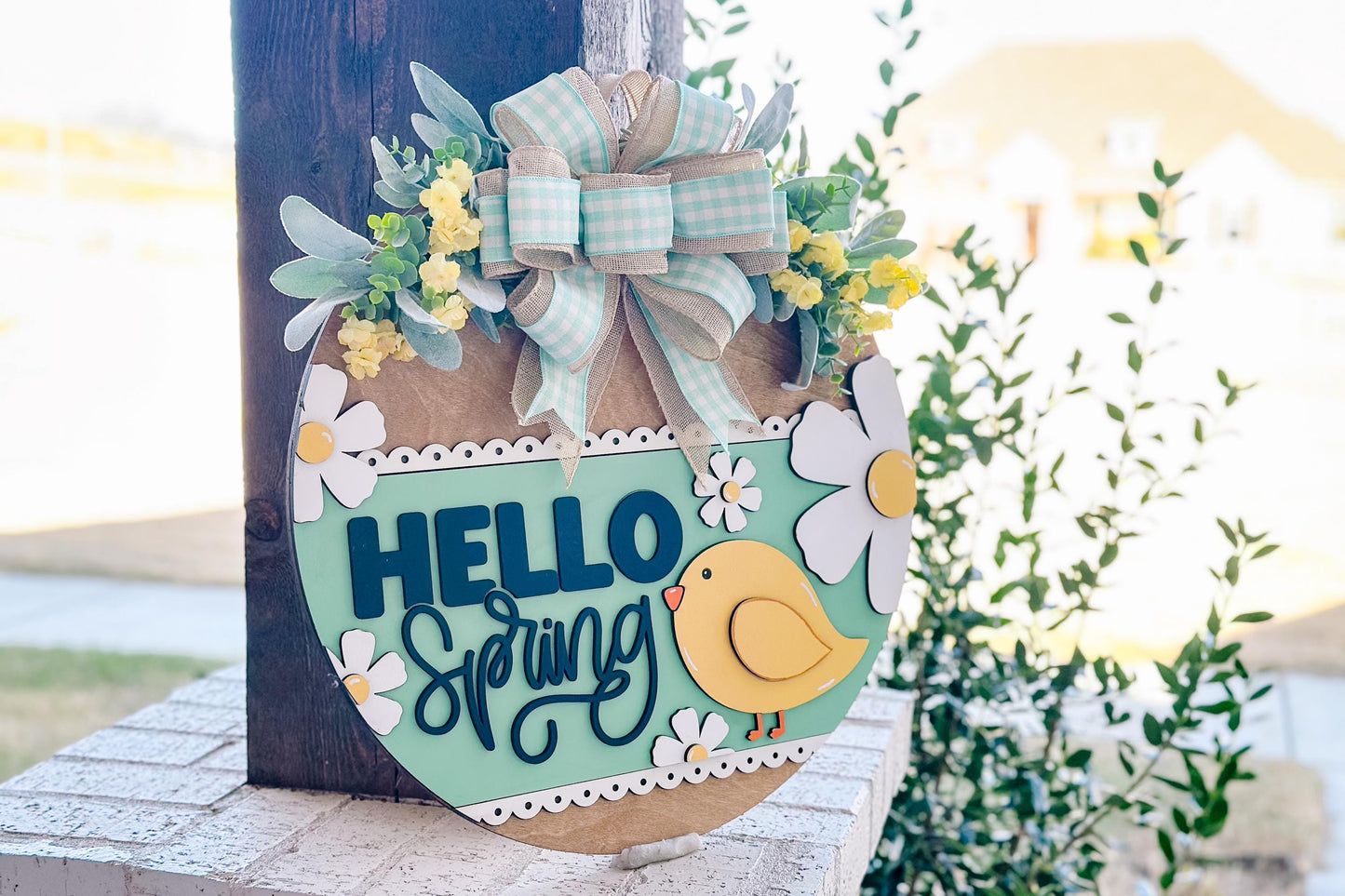 Hello Spring Door Hanger SVG, Floral Chick Laser Cut File, Round Sign Design, Glowforge SVG, Xtool, Farmhouse Spring Decor