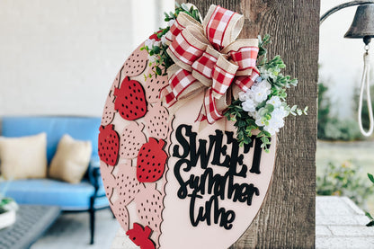 Sweet Summertime Door Hanger SVG, Strawberry Laser Cut File, Round Sign Design, Glowforge SVG, Xtool, Farmhouse Summer Decor