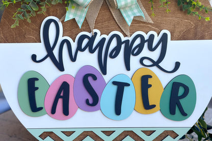 Happy Easter Door Hanger SVG, Egg Laser Cut File, Round Sign Design, Glowforge SVG, Xtool, Farmhouse Easter Decor