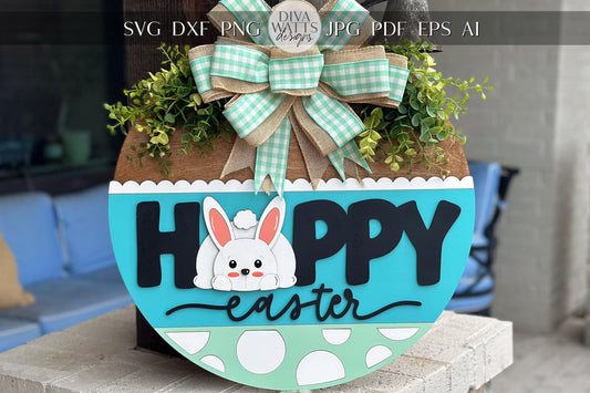 Happy Easter Bunny Door Hanger SVG, Laser Cut File for Glowforge Xtool, Layered Easter Sign SVG, Round Door Sign Digital File