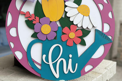 Floral Watering Can Door Hanger SVG, Layered Laser Cut File for Glowforge Xtool, Spring Welcome Sign SVG, 3D Round Door Sign