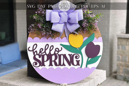 Hello Spring Tulip Door Hanger SVG, Layered Laser Cut File for Glowforge Xtool, Spring Porch Sign SVG, 3D Round Door Sign