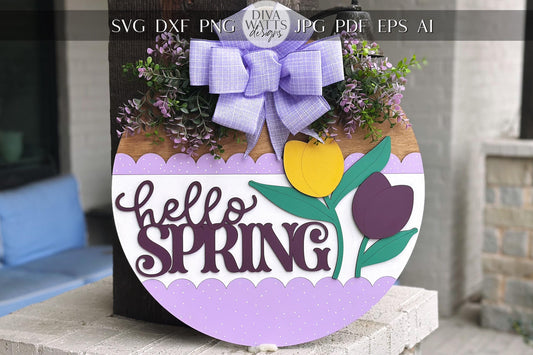 Hello Spring Tulip Door Hanger SVG, Layered Laser Cut File for Glowforge Xtool, Spring Porch Sign SVG, 3D Round Door Sign