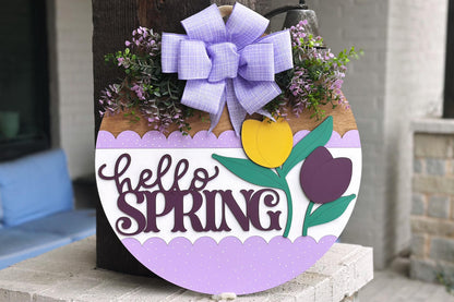 Hello Spring Tulip Door Hanger SVG, Layered Laser Cut File for Glowforge Xtool, Spring Porch Sign SVG, 3D Round Door Sign