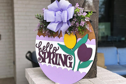 Hello Spring Tulip Door Hanger SVG, Layered Laser Cut File for Glowforge Xtool, Spring Porch Sign SVG, 3D Round Door Sign