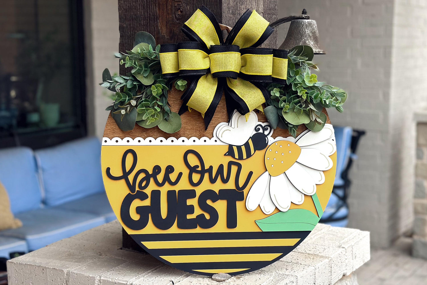 Bee Our Guest Door Hanger SVG, Layered Laser Cut File for Glowforge Xtool, Bumblebee Welcome Sign SVG, 3D Round Door Sign