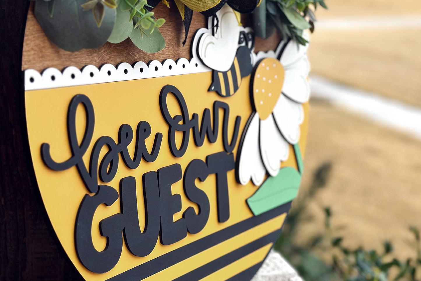 Bee Our Guest Door Hanger SVG, Layered Laser Cut File for Glowforge Xtool, Bumblebee Welcome Sign SVG, 3D Round Door Sign