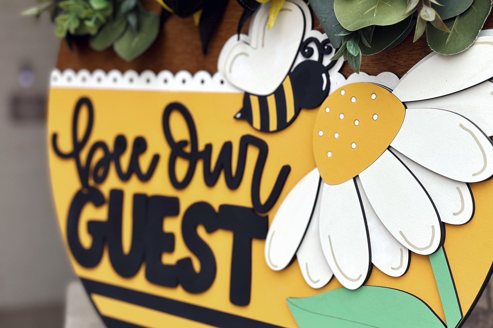 Bee Our Guest Door Hanger SVG, Layered Laser Cut File for Glowforge Xtool, Bumblebee Welcome Sign SVG, 3D Round Door Sign