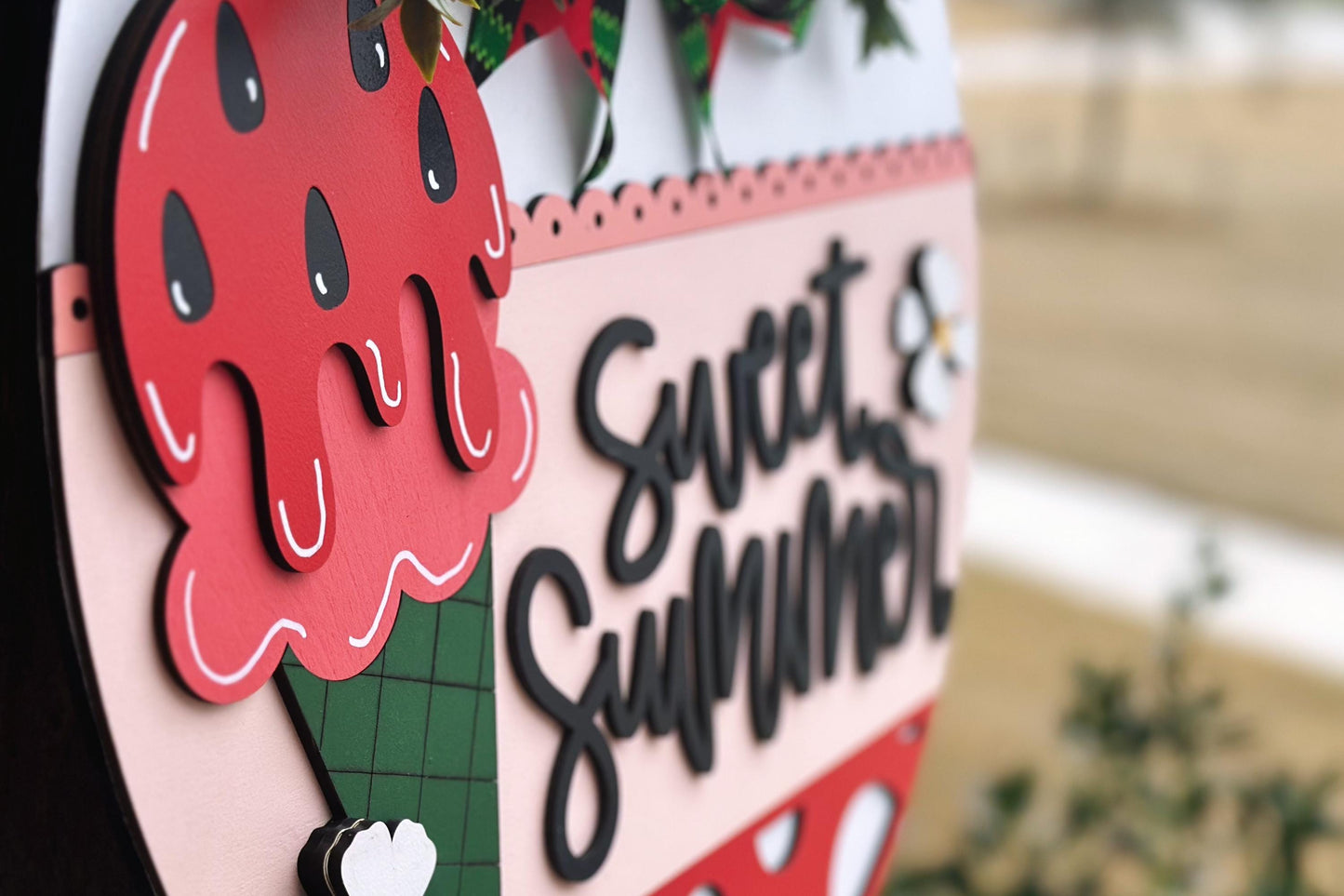 Sweet Summer Watermelon Ice Cream Door Hanger SVG, Layered Laser Cut File for Glowforge Xtool, Summer Porch Sign SVG, 3D Round Door Sign