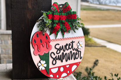 Sweet Summer Watermelon Ice Cream Door Hanger SVG, Layered Laser Cut File for Glowforge Xtool, Summer Porch Sign SVG, 3D Round Door Sign