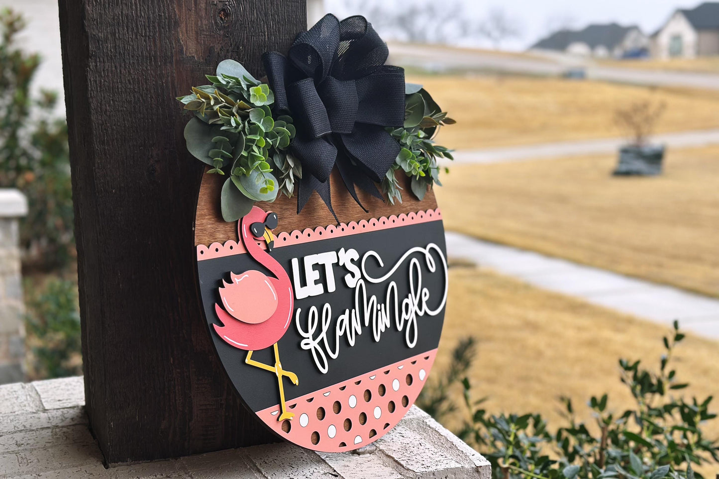 Let’s Flamingle Flamingo Door Hanger SVG, Layered Laser Cut File for Glowforge Xtool, Summer Tropical Sign SVG, 3D Round Door Sign