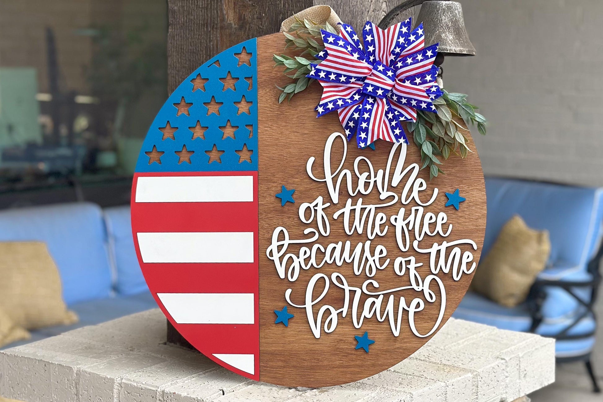 Home of the Free Because of the Brave Door Hanger SVG, Layered Laser Cut File for Glowforge Xtool, Patriotic 4th of July Sign SVG