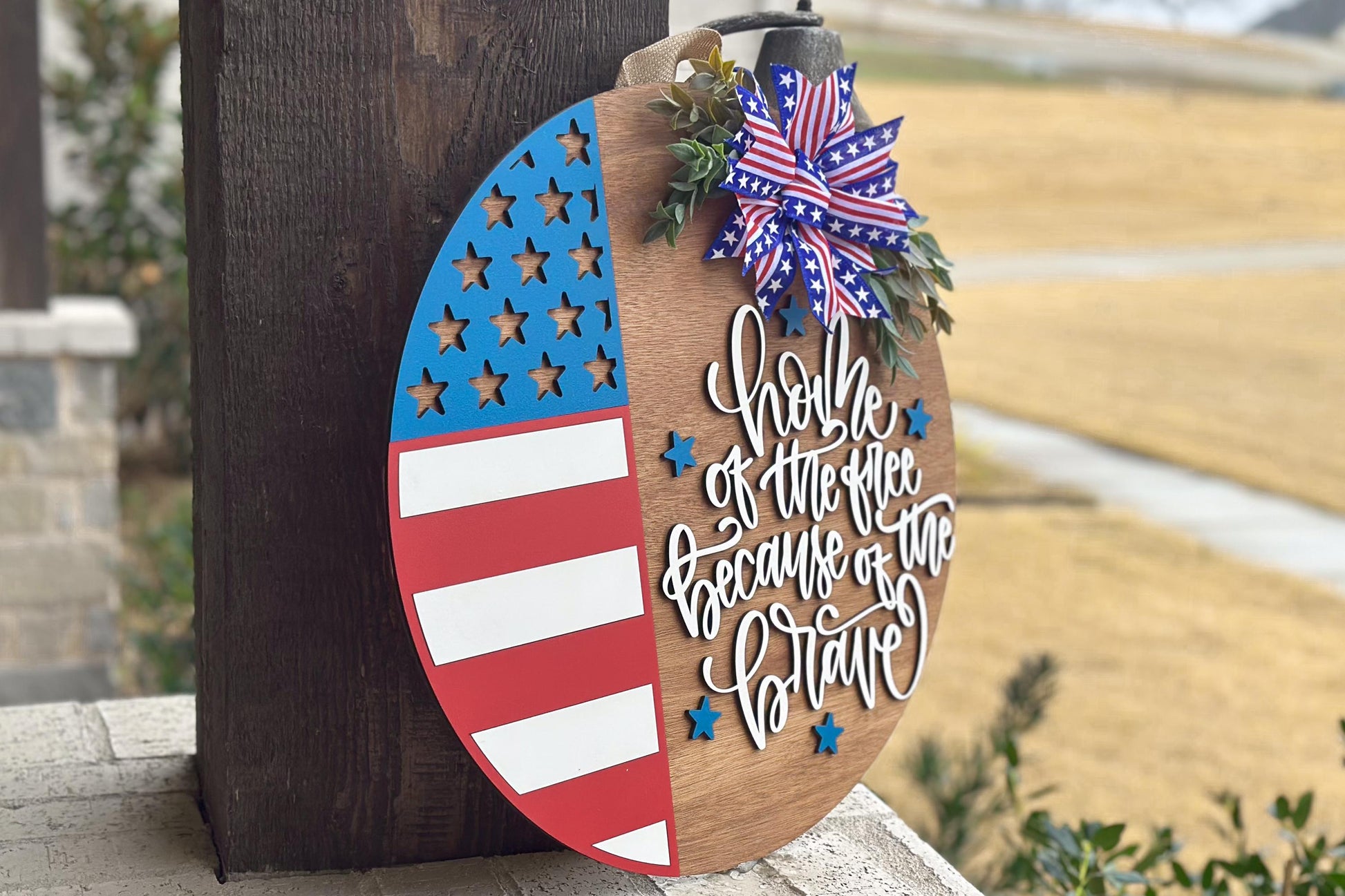 Home of the Free Because of the Brave Door Hanger SVG, Layered Laser Cut File for Glowforge Xtool, Patriotic 4th of July Sign SVG
