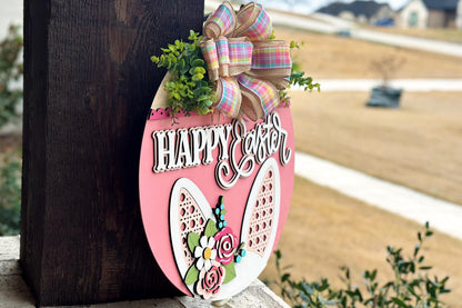 Happy Easter Bunny Ears Door Hanger SVG, Layered Laser Cut File for Glowforge Xtool, 3D Easter Sign SVG, Floral Bunny Porch Decor
