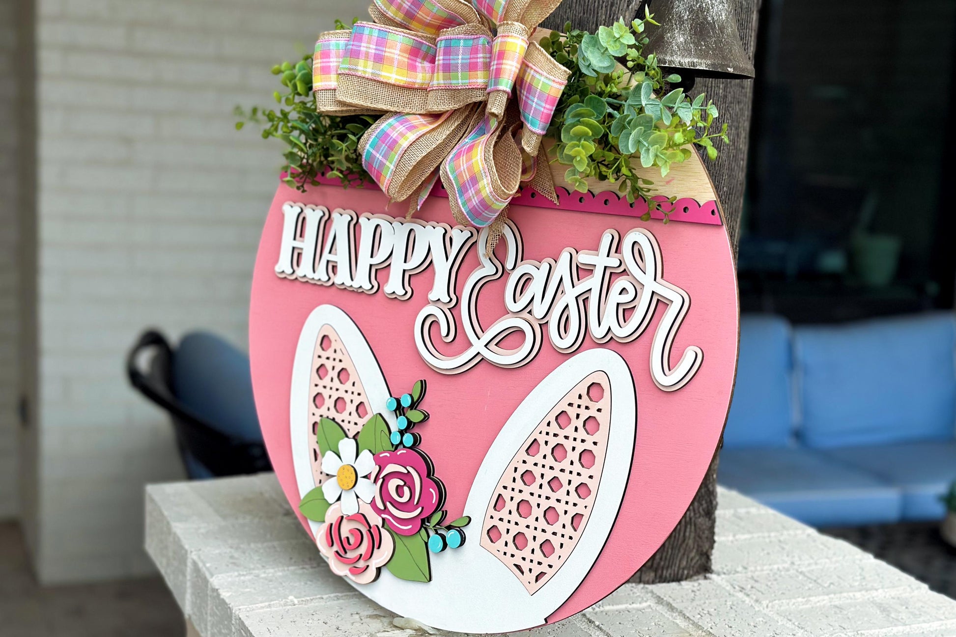 Happy Easter Bunny Ears Door Hanger SVG, Layered Laser Cut File for Glowforge Xtool, 3D Easter Sign SVG, Floral Bunny Porch Decor