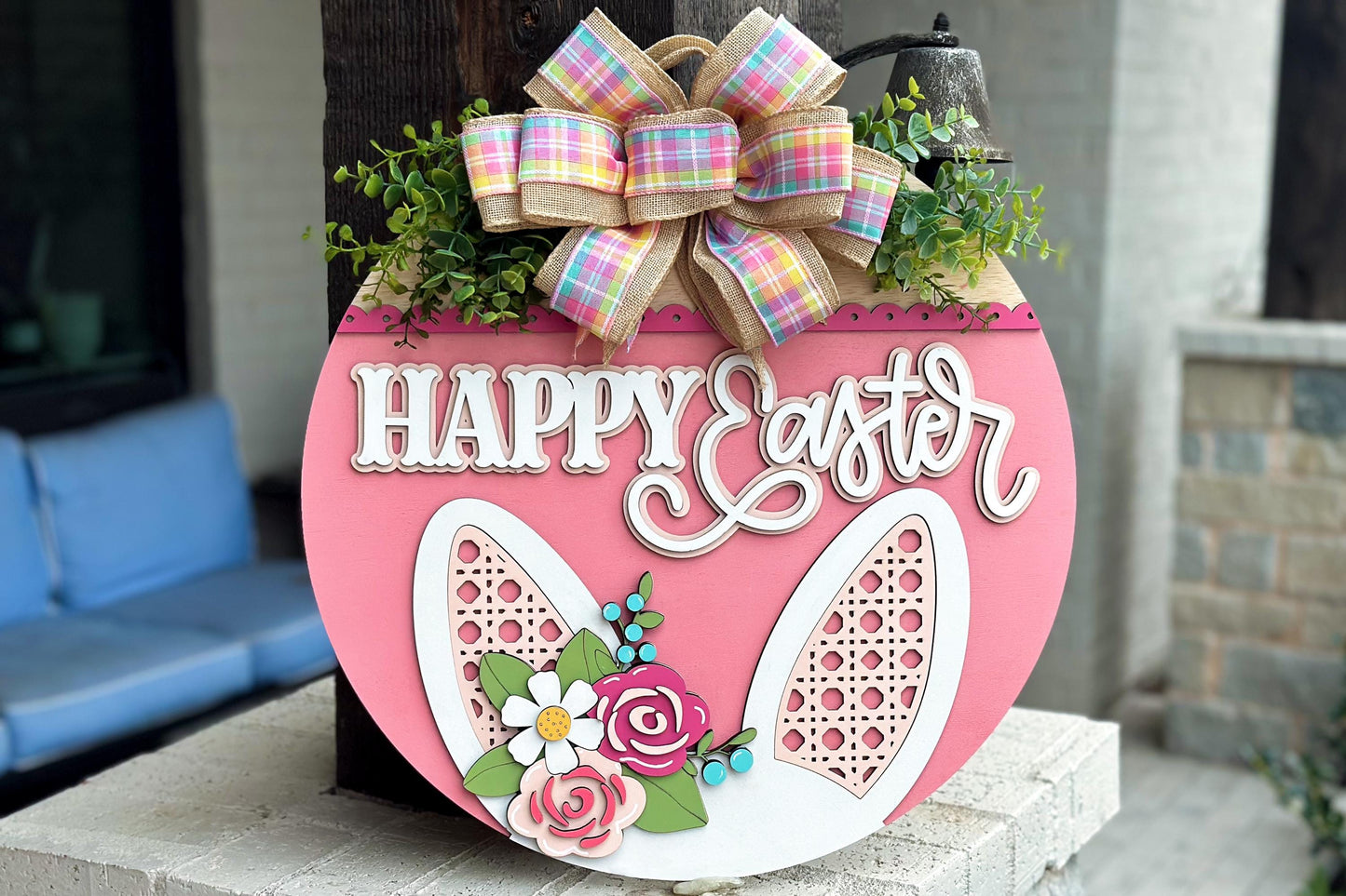 Happy Easter Bunny Ears Door Hanger SVG, Layered Laser Cut File for Glowforge Xtool, 3D Easter Sign SVG, Floral Bunny Porch Decor