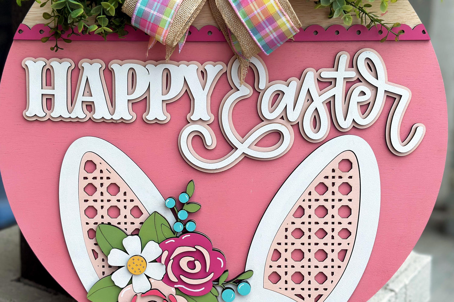 Happy Easter Bunny Ears Door Hanger SVG, Layered Laser Cut File for Glowforge Xtool, 3D Easter Sign SVG, Floral Bunny Porch Decor
