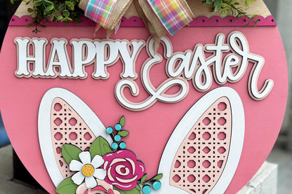 Happy Easter Bunny Ears Door Hanger SVG, Layered Laser Cut File for Glowforge Xtool, 3D Easter Sign SVG, Floral Bunny Porch Decor