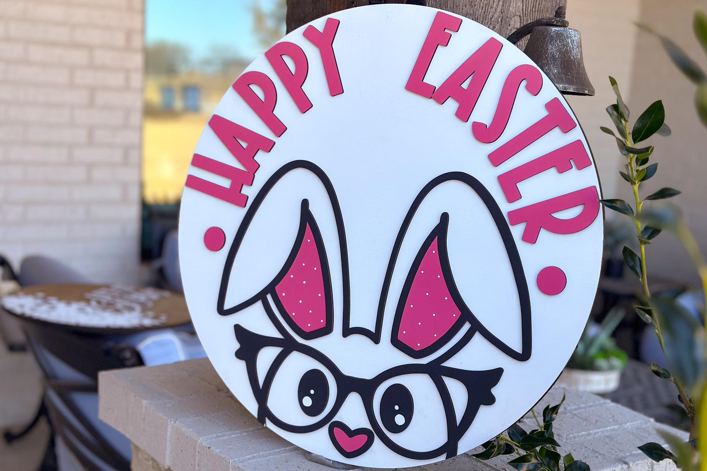 Happy Easter Bunny Door Hanger SVG, Glasses Rabbit Laser Cut File, Round Sign Design, Glowforge SVG, Xtool, Easter Decor