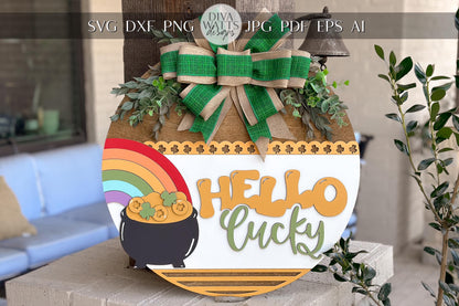 Hello Lucky Door Hanger SVG, St. Patrick’s Day Laser Cut File, Rainbow Pot of Gold Sign, Glowforge SVG, Xtool, Shamrock Decor