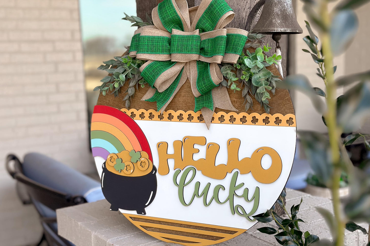 Hello Lucky Door Hanger SVG, St. Patrick’s Day Laser Cut File, Rainbow Pot of Gold Sign, Glowforge SVG, Xtool, Shamrock Decor