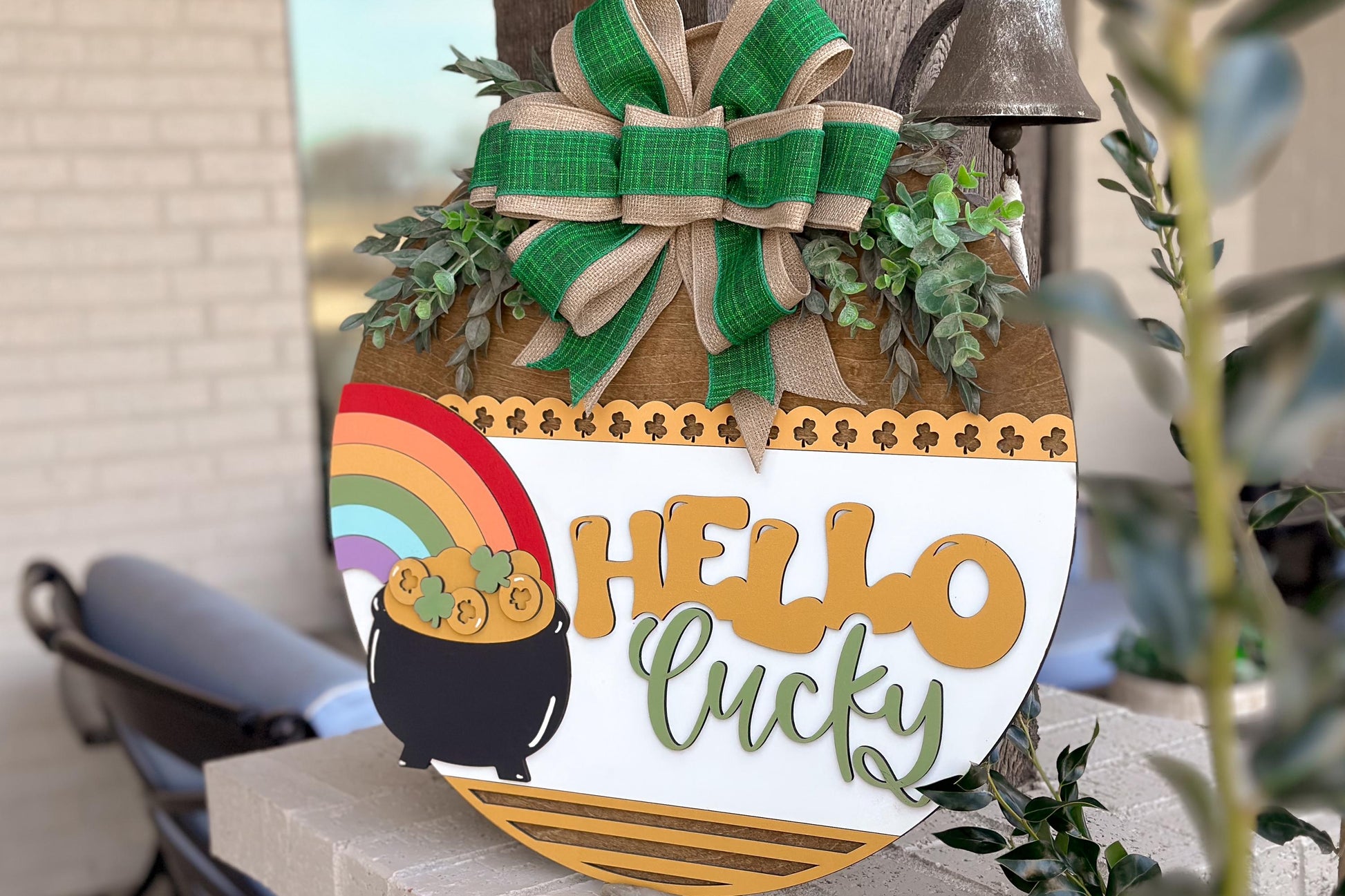 Hello Lucky Door Hanger SVG, St. Patrick’s Day Laser Cut File, Rainbow Pot of Gold Sign, Glowforge SVG, Xtool, Shamrock Decor