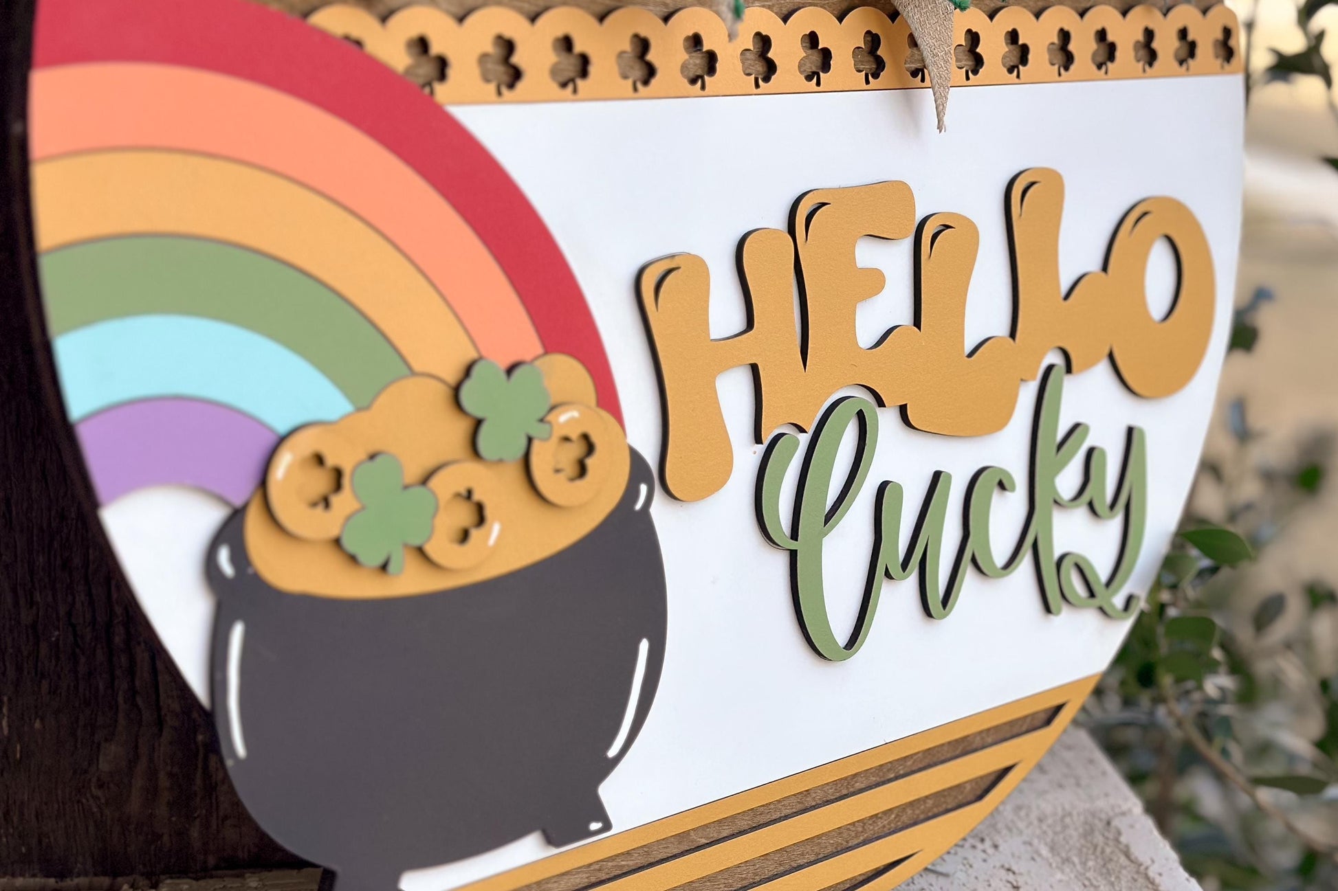 Hello Lucky Door Hanger SVG, St. Patrick’s Day Laser Cut File, Rainbow Pot of Gold Sign, Glowforge SVG, Xtool, Shamrock Decor