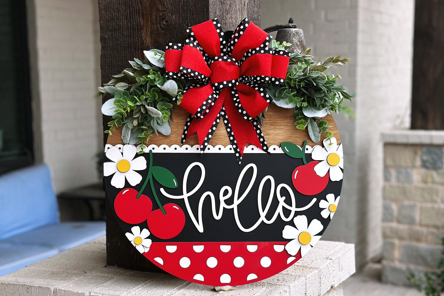 Cherry Hello Door Hanger SVG, Laser Cut File, Farmhouse Welcome Sign, Round Wood Sign SVG, Glowforge File, Layered Door Decor, Summer SVG