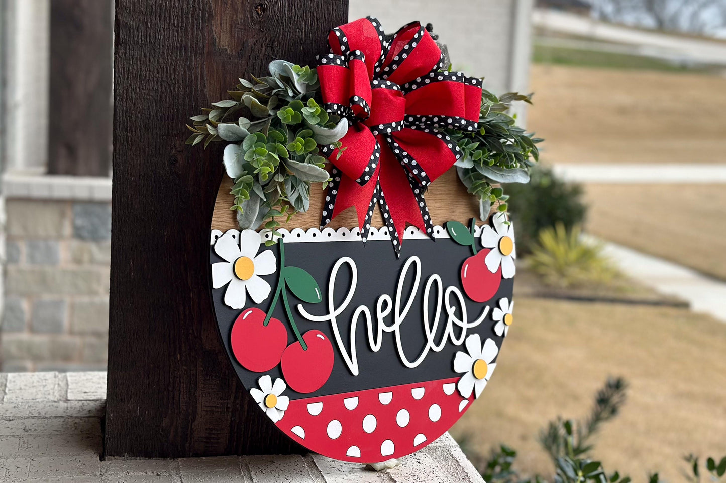 Cherry Hello Door Hanger SVG, Laser Cut File, Farmhouse Welcome Sign, Round Wood Sign SVG, Glowforge File, Layered Door Decor, Summer SVG