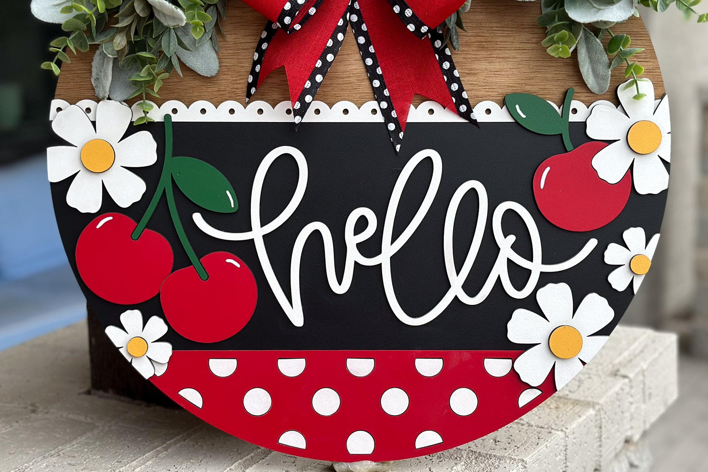 Cherry Hello Door Hanger SVG, Laser Cut File, Farmhouse Welcome Sign, Round Wood Sign SVG, Glowforge File, Layered Door Decor, Summer SVG