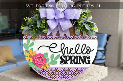 Floral Hello Door Hanger SVG Laser Cut File, Round Welcome Sign, Spring Floral Design, Glowforge and Xtool Compatible, DIY Laser File