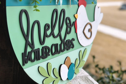 Hello Mother Cluckers Door Hanger SVG, Farmhouse Chicken Sign, Layered Laser Cut File, Rustic Round Wood Sign, Glowforge Xtool Cut File