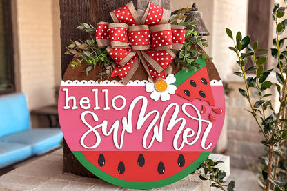 Hello Summer Watermelon Door Hanger SVG, Laser Cut File, Summer Door Sign Design, Layered SVG for Glowforge, Xtool, Farmhouse Decor