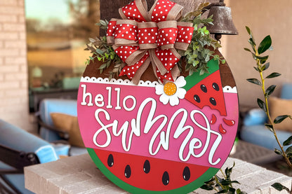Hello Summer Watermelon Door Hanger SVG, Laser Cut File, Summer Door Sign Design, Layered SVG for Glowforge, Xtool, Farmhouse Decor