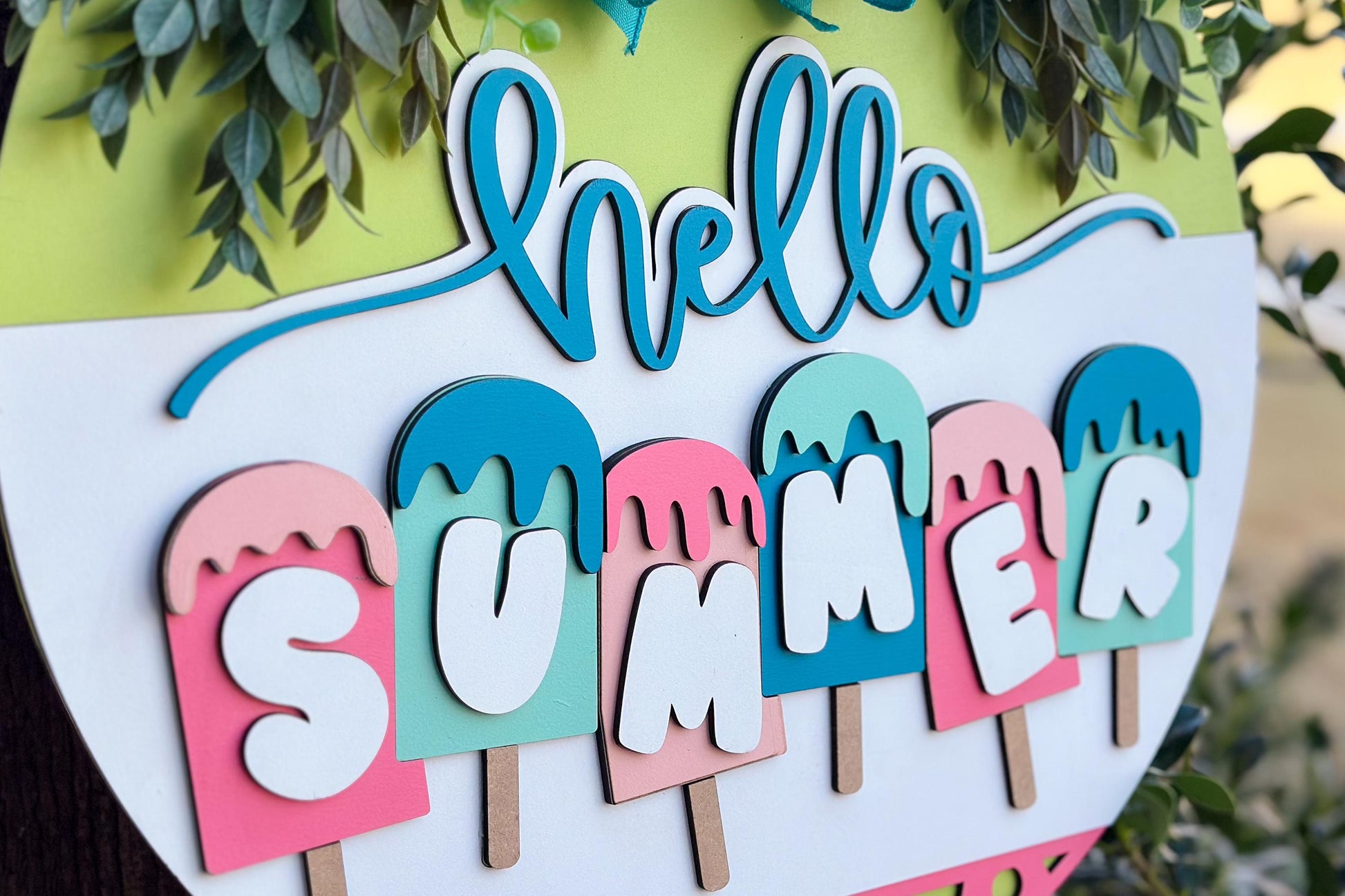 Hello Summer Door Hanger SVG Laser File | Popsicle Summer Sign | Glowforge Cut File | DIY Round Door Sign | Layered Laser Design