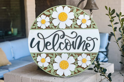Welcome Sign SVG Laser Cut File - Daisy Floral Round Door Hanger Design - Glowforge, Xtool, Cricut Compatible - DIY Home Decor