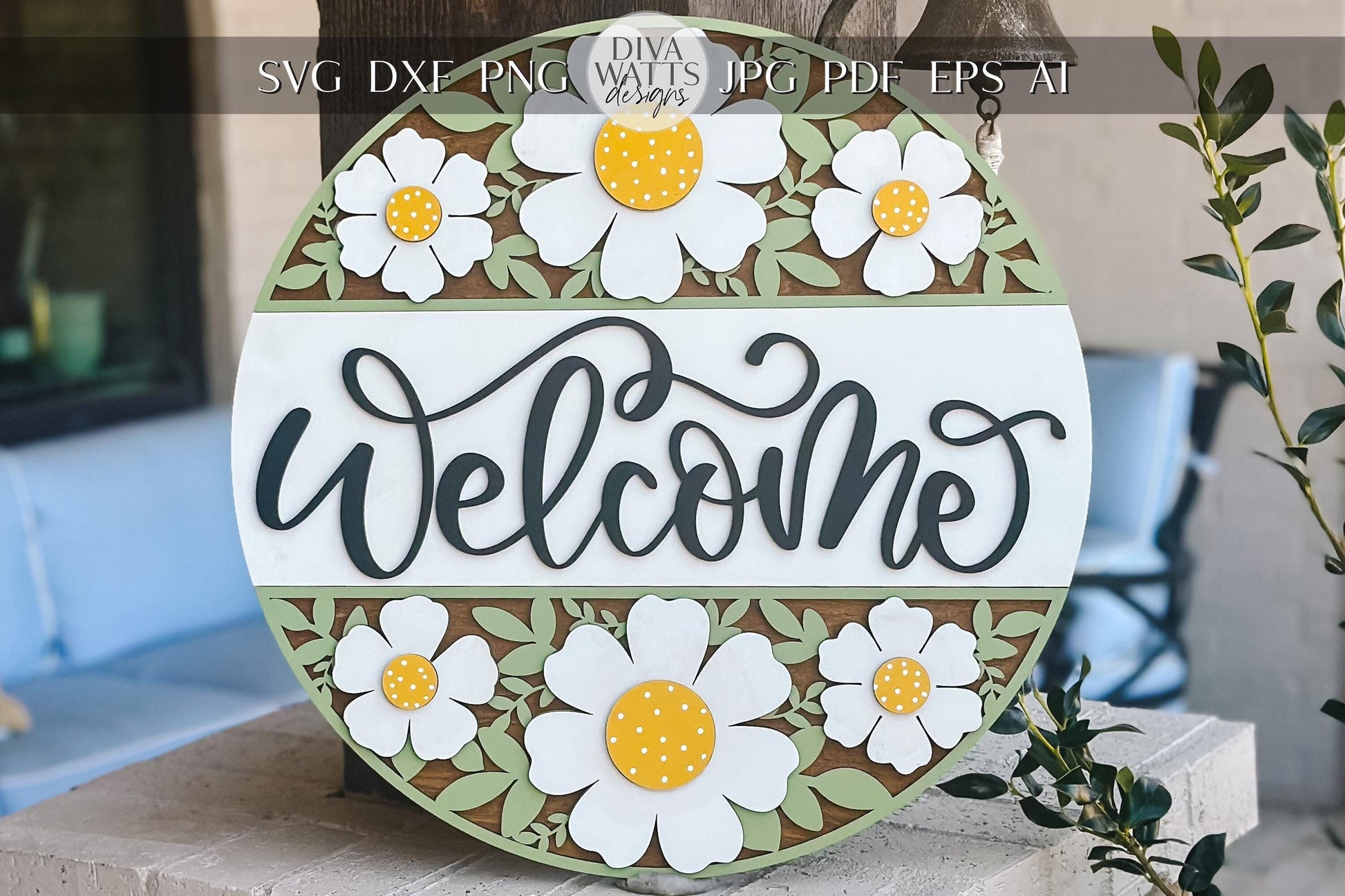 Welcome Sign SVG Laser Cut File - Daisy Floral Round Door Hanger Design - Glowforge, Xtool, Cricut Compatible - DIY Home Decor