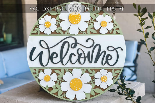 Welcome Sign SVG Laser Cut File - Daisy Floral Round Door Hanger Design - Glowforge, Xtool, Cricut Compatible - DIY Home Decor
