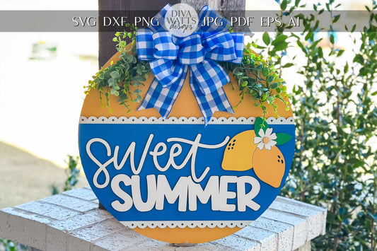 Sweet Summer Door Hanger SVG, Round Laser Cut File for Glowforge, Farmhouse Welcome Sign, Customizable Summer Design