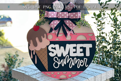 Sweet Summer Ice Cream Door Hanger SVG, Round Laser Cut File for Glowforge, Customizable Summer Sign, Farmhouse Wall Decor