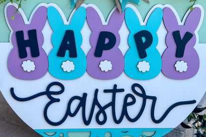 Happy Easter Bunny Door Hanger SVG, Round Laser Cut File for Glowforge, Customizable Easter Sign, Farmhouse Spring Decor